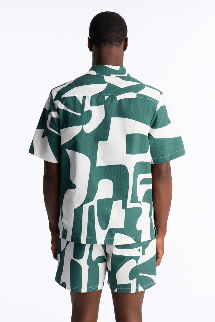 Seersucker Abstract Geo Printed Closed Collar Shirt - Green/combo