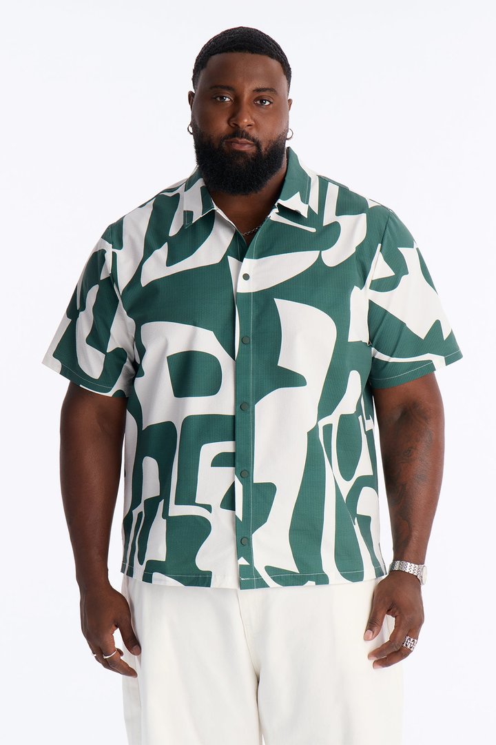 Seersucker Abstract Geo Printed Closed Collar Shirt - Green/combo