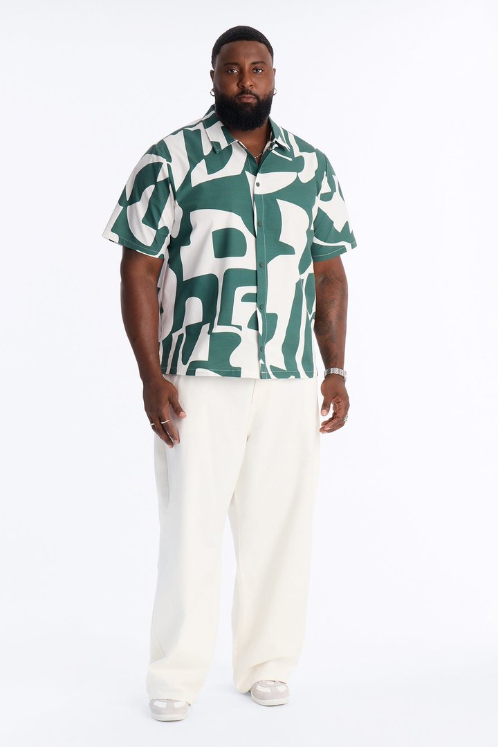 Seersucker Abstract Geo Printed Closed Collar Shirt - Green/combo