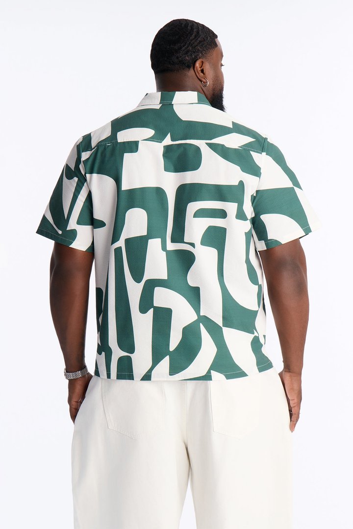 Seersucker Abstract Geo Printed Closed Collar Shirt - Green/combo