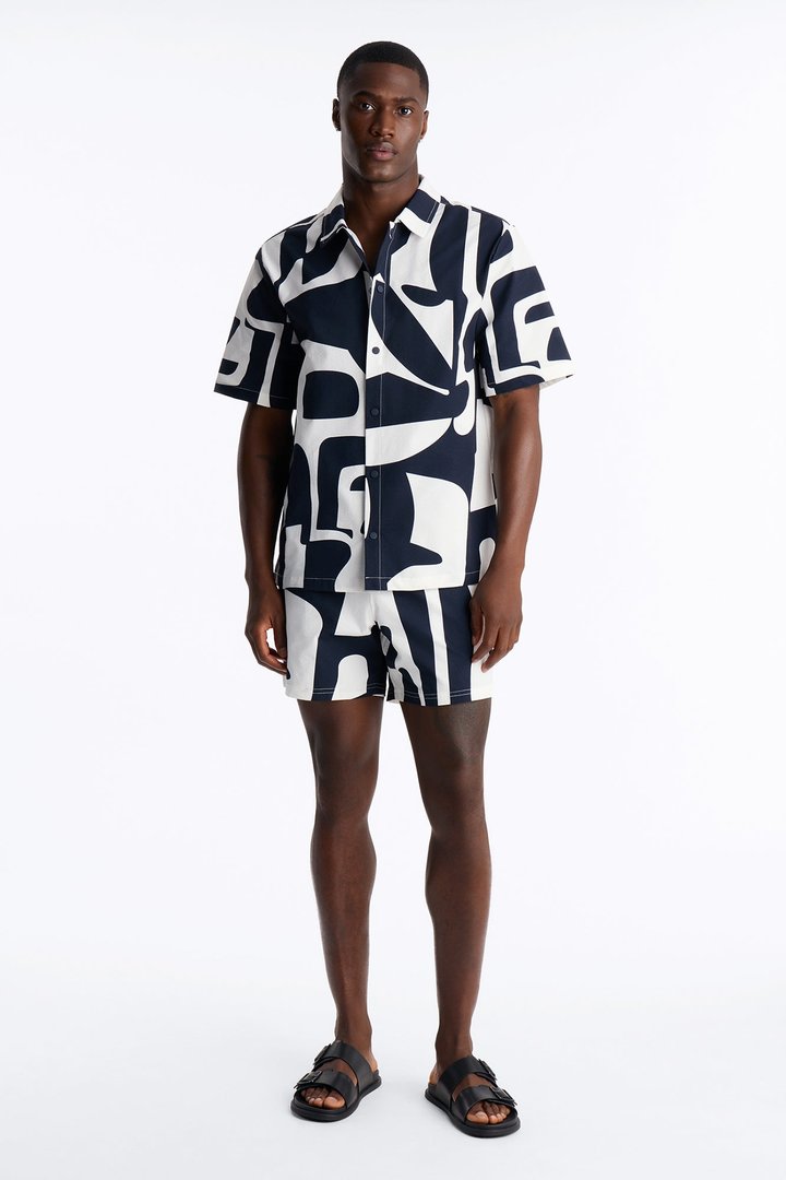 Seersucker Abstract Geo Printed Closed Collar Shirt - Navy/combo