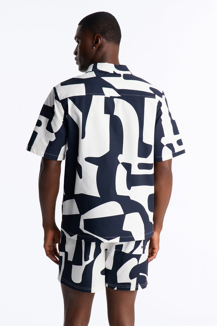 Seersucker Abstract Geo Printed Closed Collar Shirt - Navy/combo