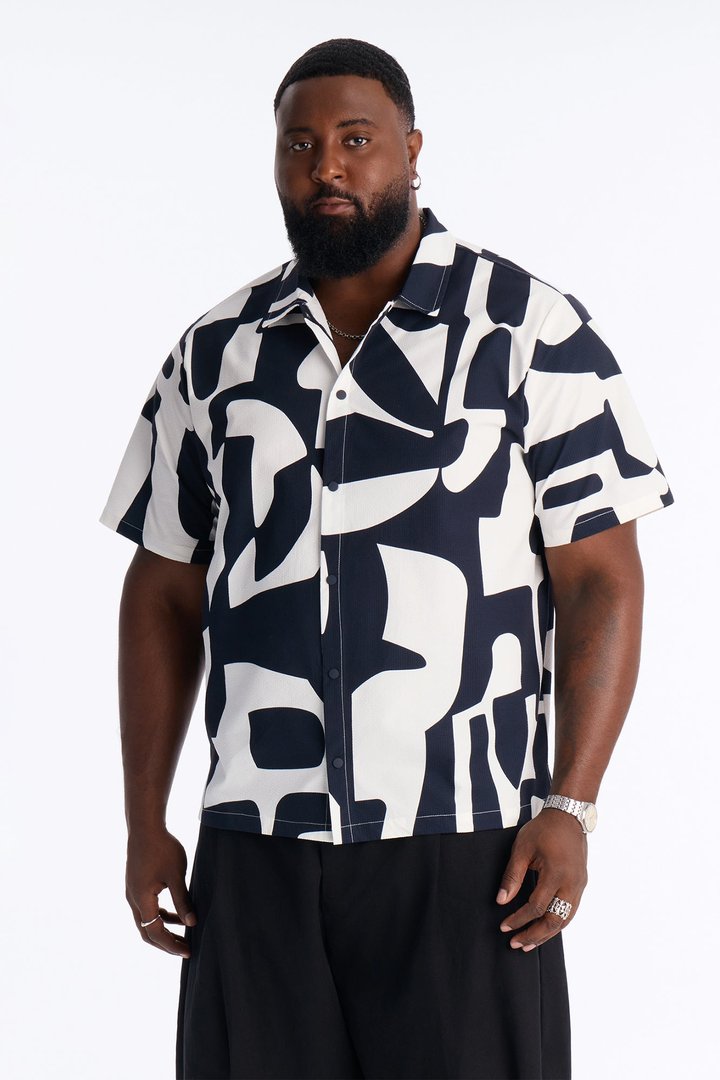 Seersucker Abstract Geo Printed Closed Collar Shirt - Navy/combo
