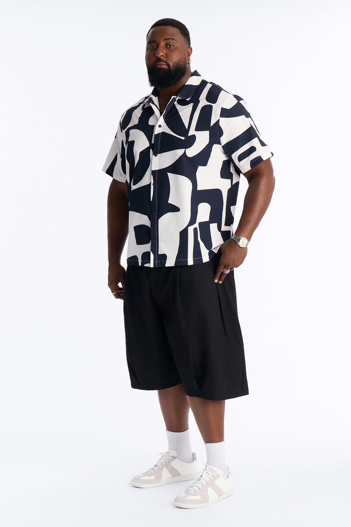 Seersucker Abstract Geo Printed Closed Collar Shirt - Navy/combo