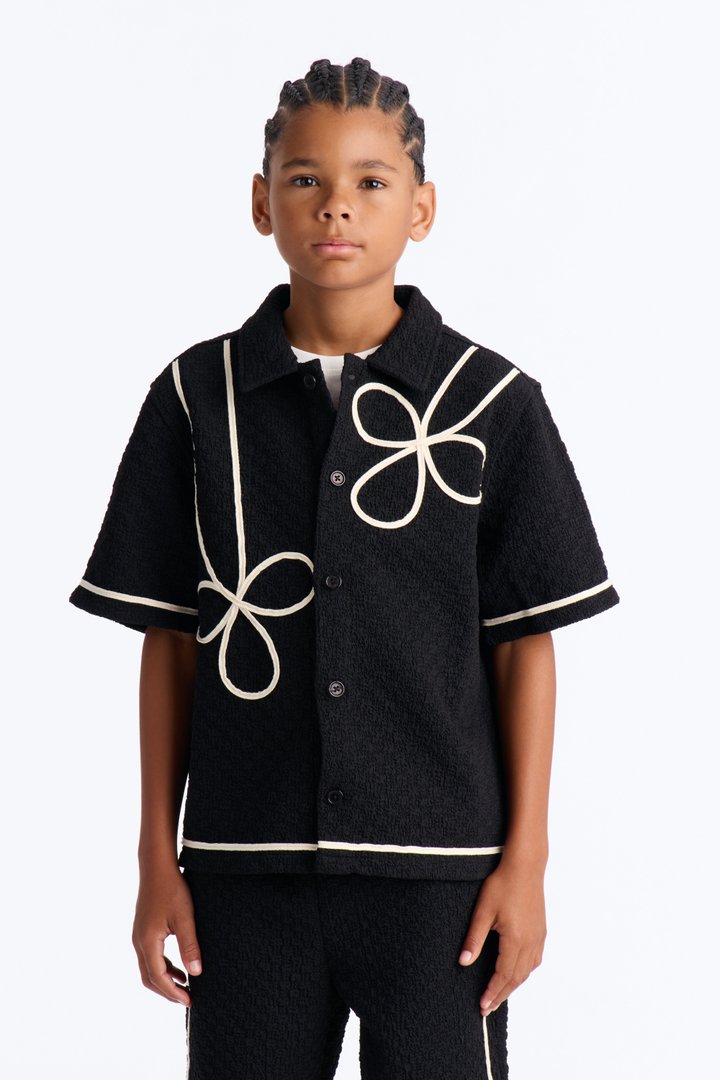 Mini Boxy Soho Weave Applique Textured Button Up Shirt - Black