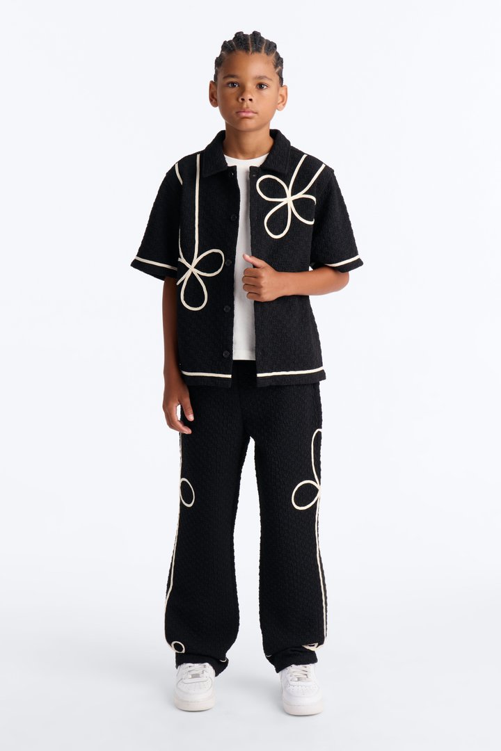 Mini Boxy Soho Weave Applique Textured Button Up Shirt - Black