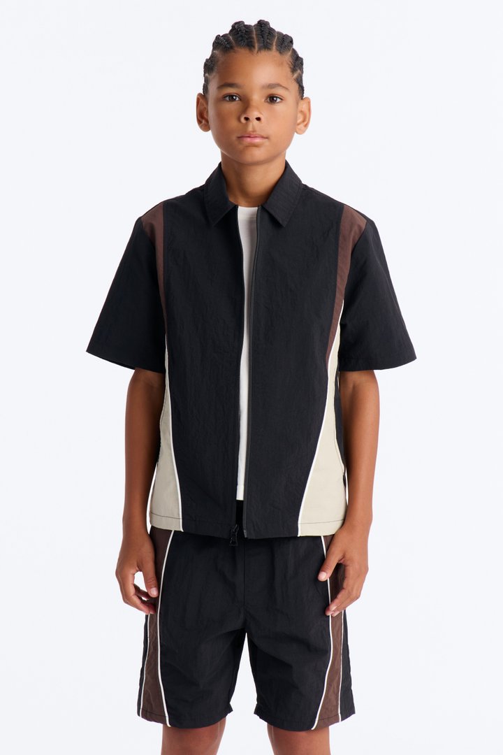 Mini Relaxed Osaka Block Zip Up Shirt - Black/Brown