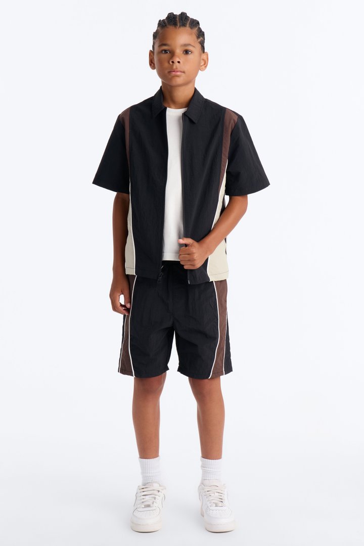 Mini Relaxed Osaka Block Zip Up Shirt - Black/Brown