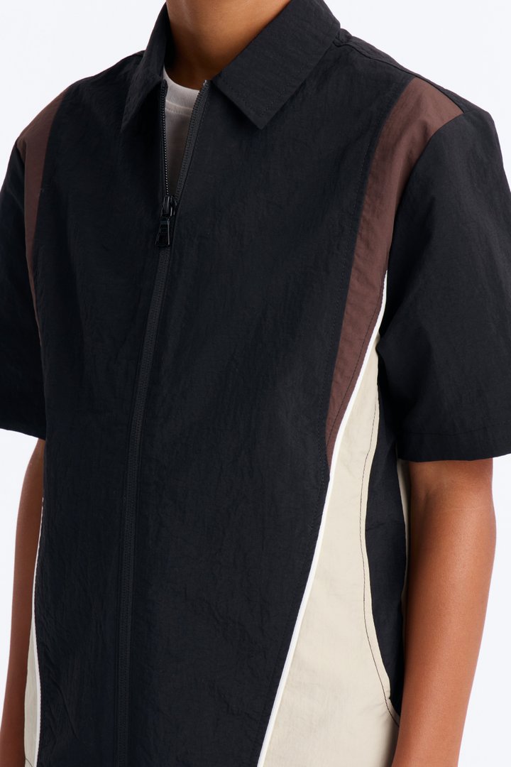 Mini Relaxed Osaka Block Zip Up Shirt - Black/Brown