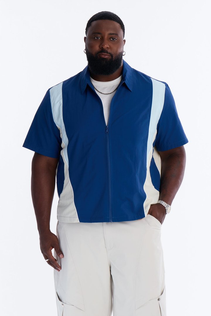 Relaxed Osaka Block Zip Up Shirt - Navy/combo