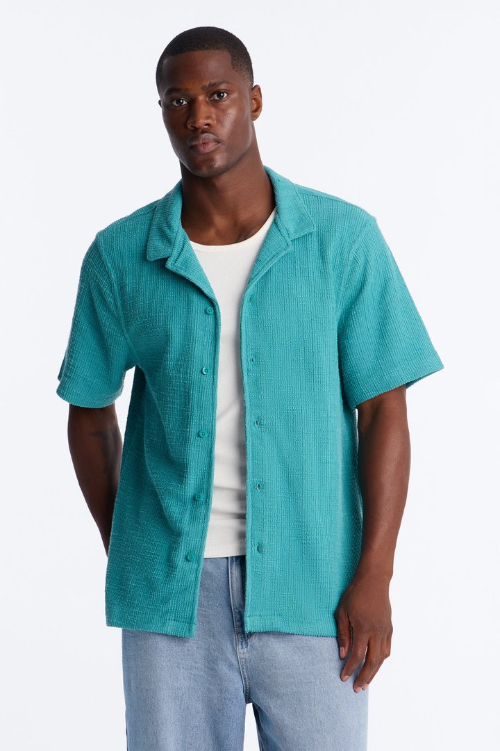 Dean Textured Short Sleeve Button Up Shirt - Teal