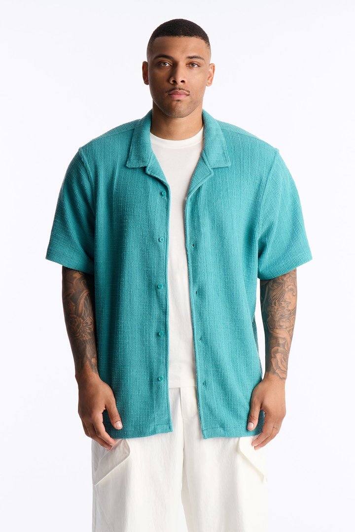 Dean Textured Short Sleeve Button Up Shirt - Teal