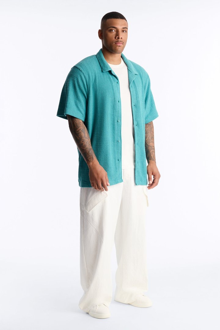 Dean Textured Short Sleeve Button Up Shirt - Teal