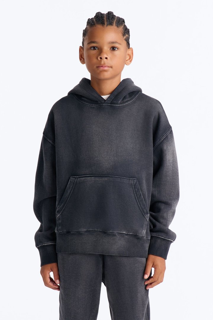 Mini Acid Wash Oversized Heavyweight Hoodie - Black