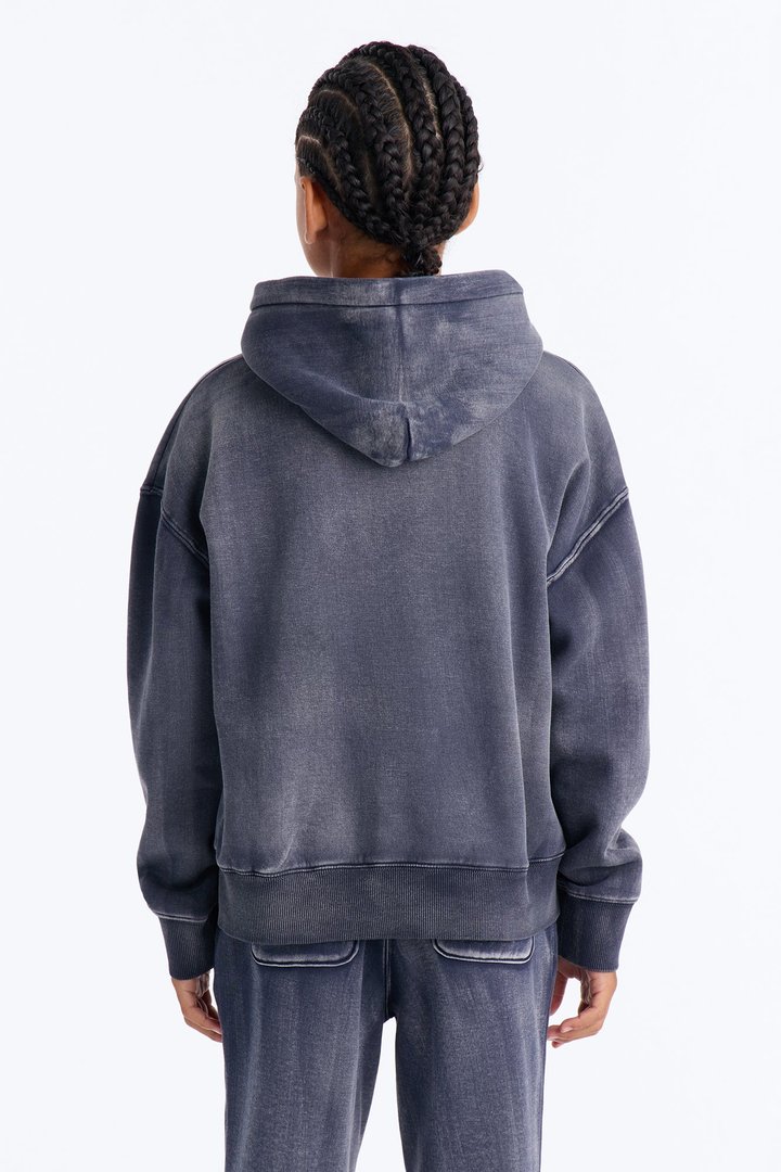Mini Acid Wash Oversized Heavyweight Hoodie - Navy