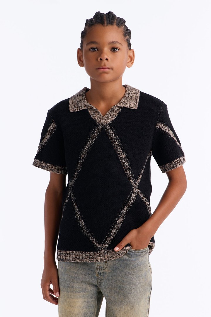Mini Classic Argyle Knit Polo - Black