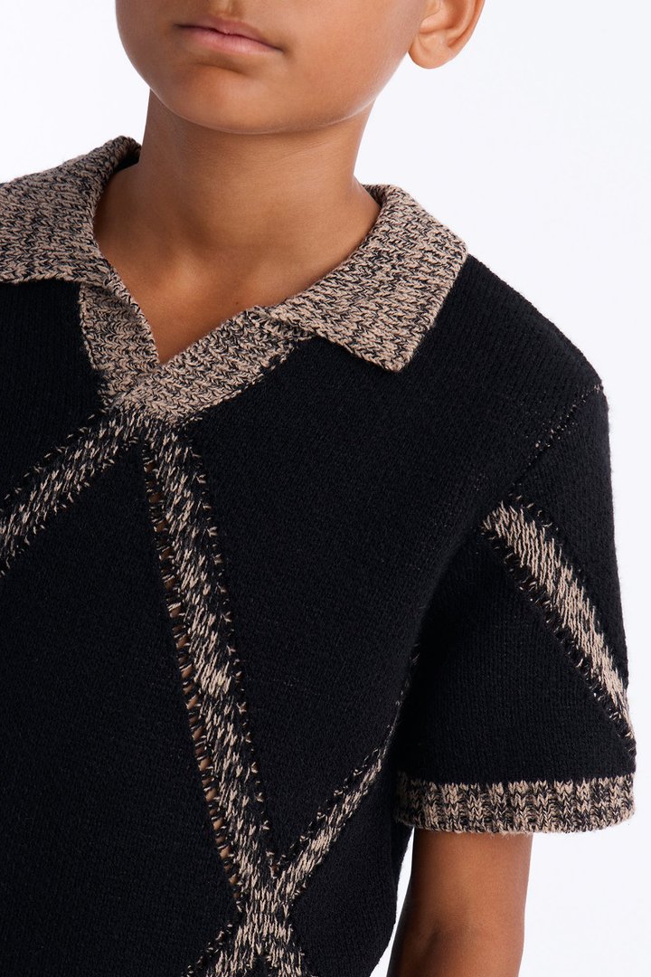 Mini Classic Argyle Knit Polo - Black