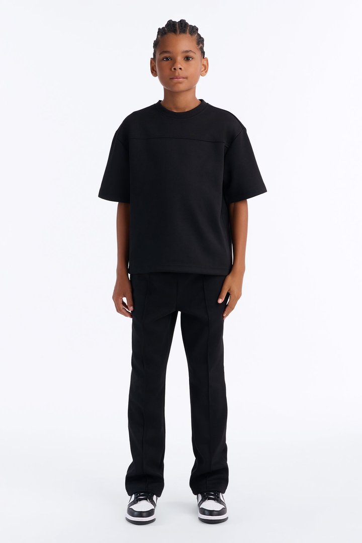 Mini Structured Fleece Pintuck Slim Flare Sweatpants - Black