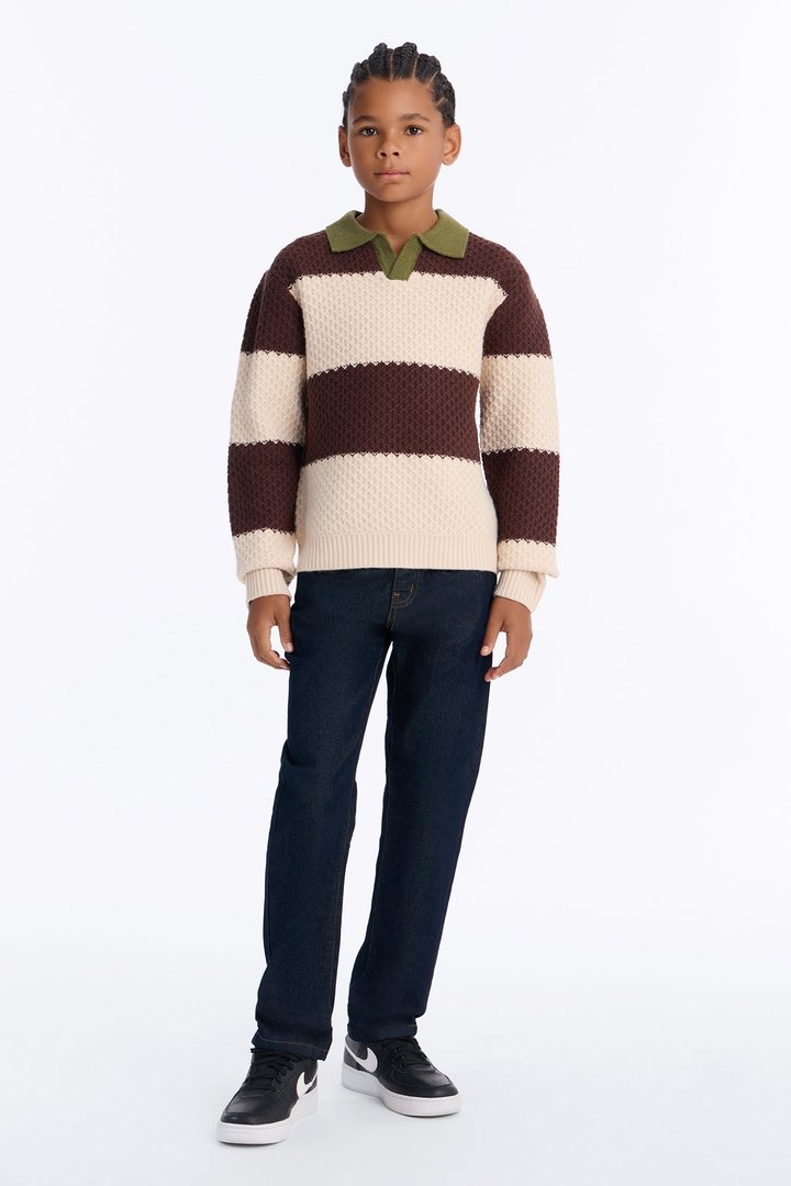 Mini Chunky Striped Polo Sweater - Brown