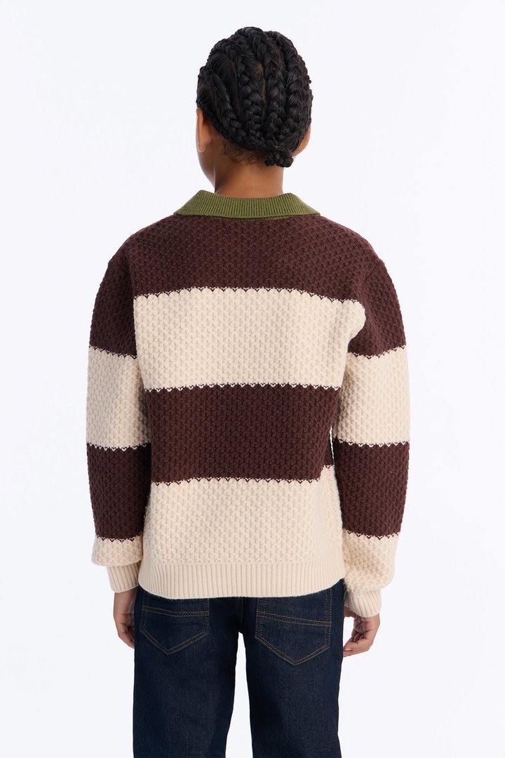 Mini Chunky Striped Polo Sweater - Brown