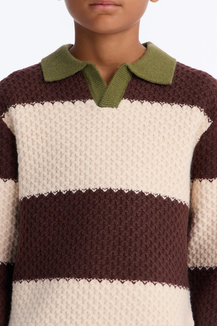 Mini Chunky Striped Polo Sweater - Brown