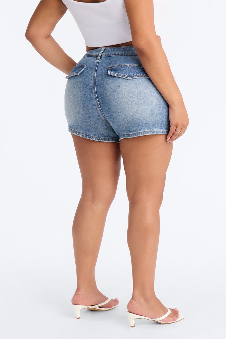 Hello Gorgeous Low Rise Denim Shorts - Medium Wash