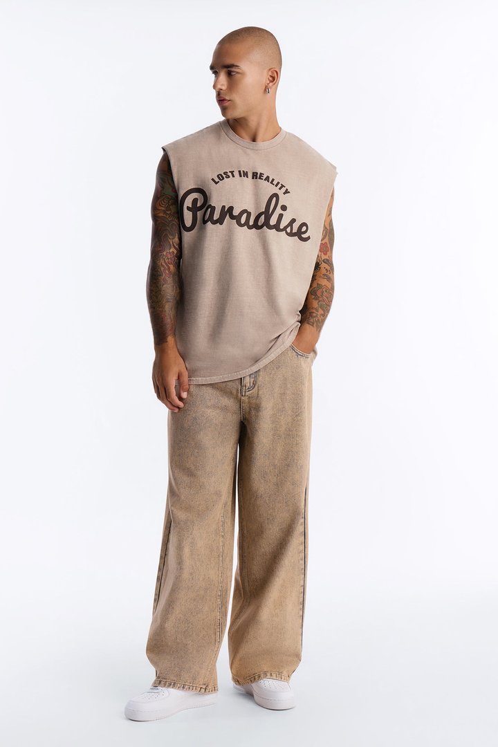 Lost In Reality Paradise Vintage Oversized Muscle Tee - Taupe