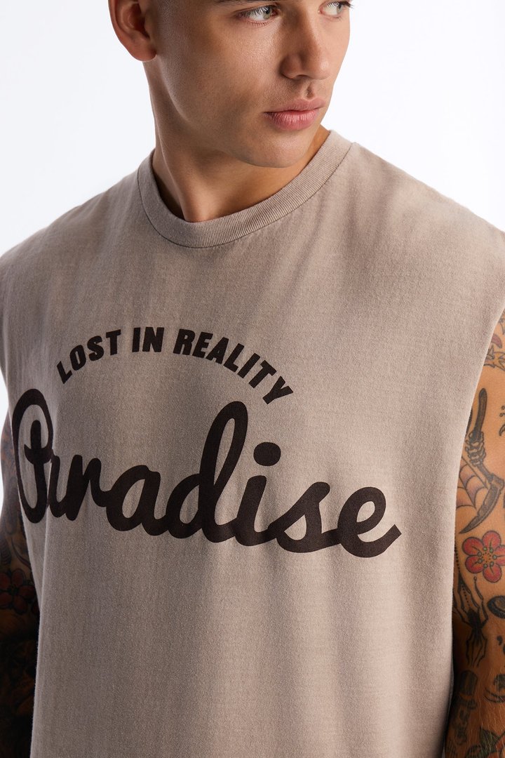 Lost In Reality Paradise Vintage Oversized Muscle Tee - Taupe