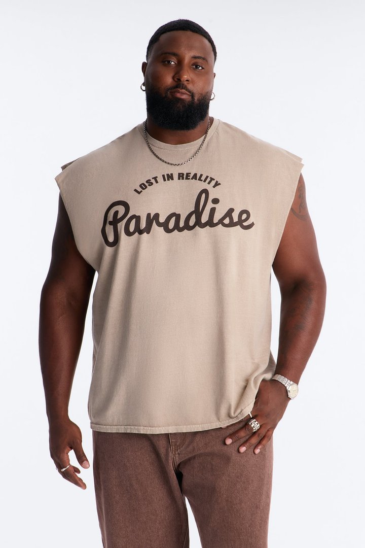 Lost In Reality Paradise Vintage Oversized Muscle Tee - Taupe