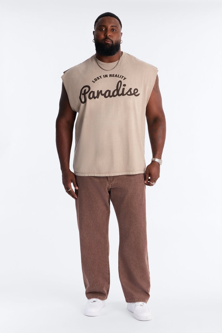Lost In Reality Paradise Vintage Oversized Muscle Tee - Taupe