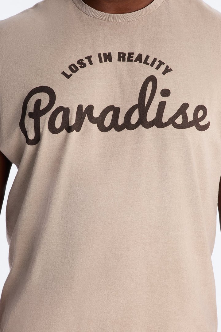 Lost In Reality Paradise Vintage Oversized Muscle Tee - Taupe