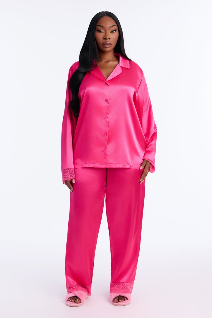 Getting Sleepy Satin Lace Trim Long Sleeve PJ Pant Set - Hot Pink