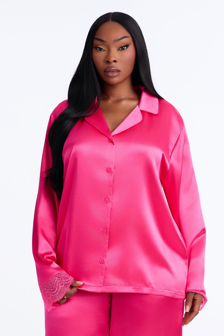 Getting Sleepy Satin Lace Trim Long Sleeve PJ Pant Set - Hot Pink