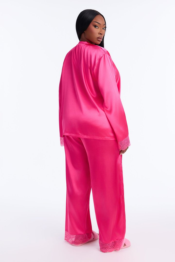 Getting Sleepy Satin Lace Trim Long Sleeve PJ Pant Set - Hot Pink