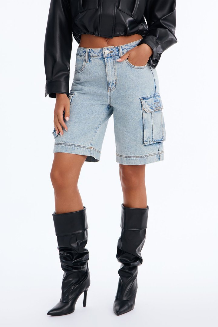 In High Demand Non Stretch Cargo Bermuda Shorts - Light Wash