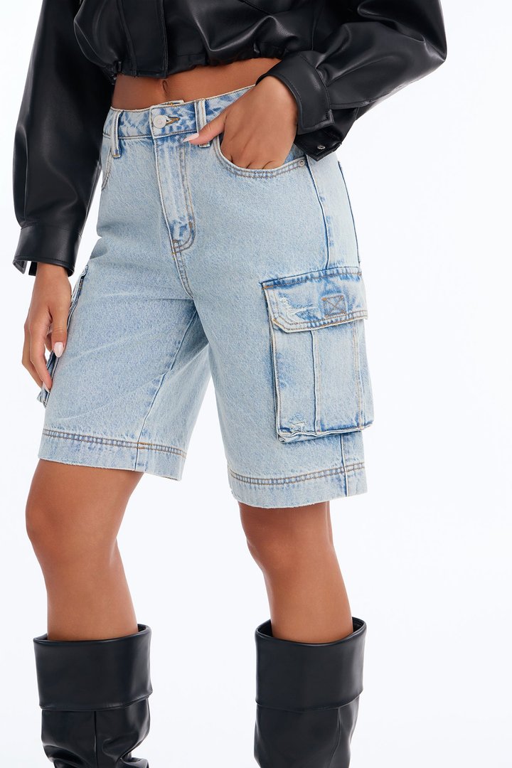 In High Demand Non Stretch Cargo Bermuda Shorts - Light Wash