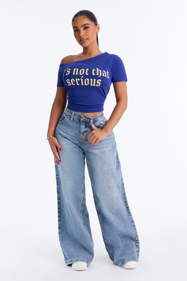 It's Not That Serious Off Shoulder Top - Navy