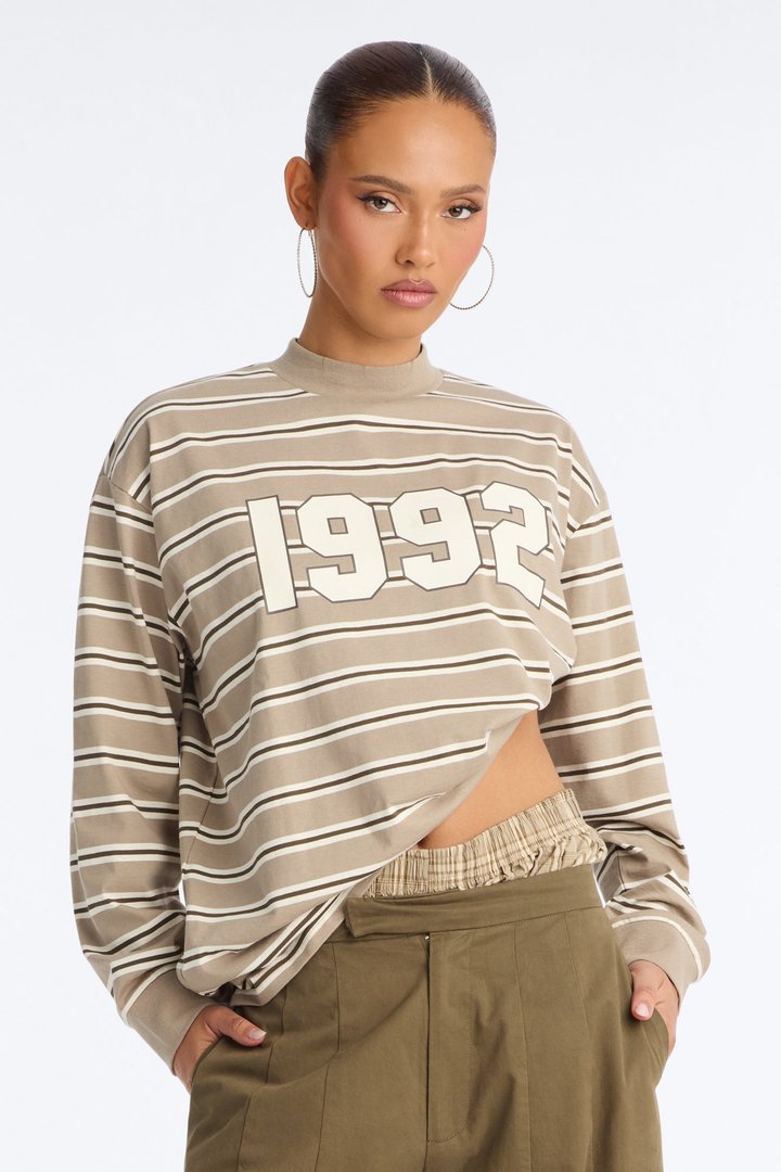 90's Vibe Striped Mock Neck Tee - Sand