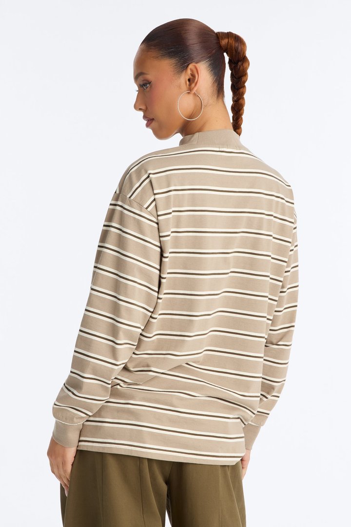 90's Vibe Striped Mock Neck Tee - Sand