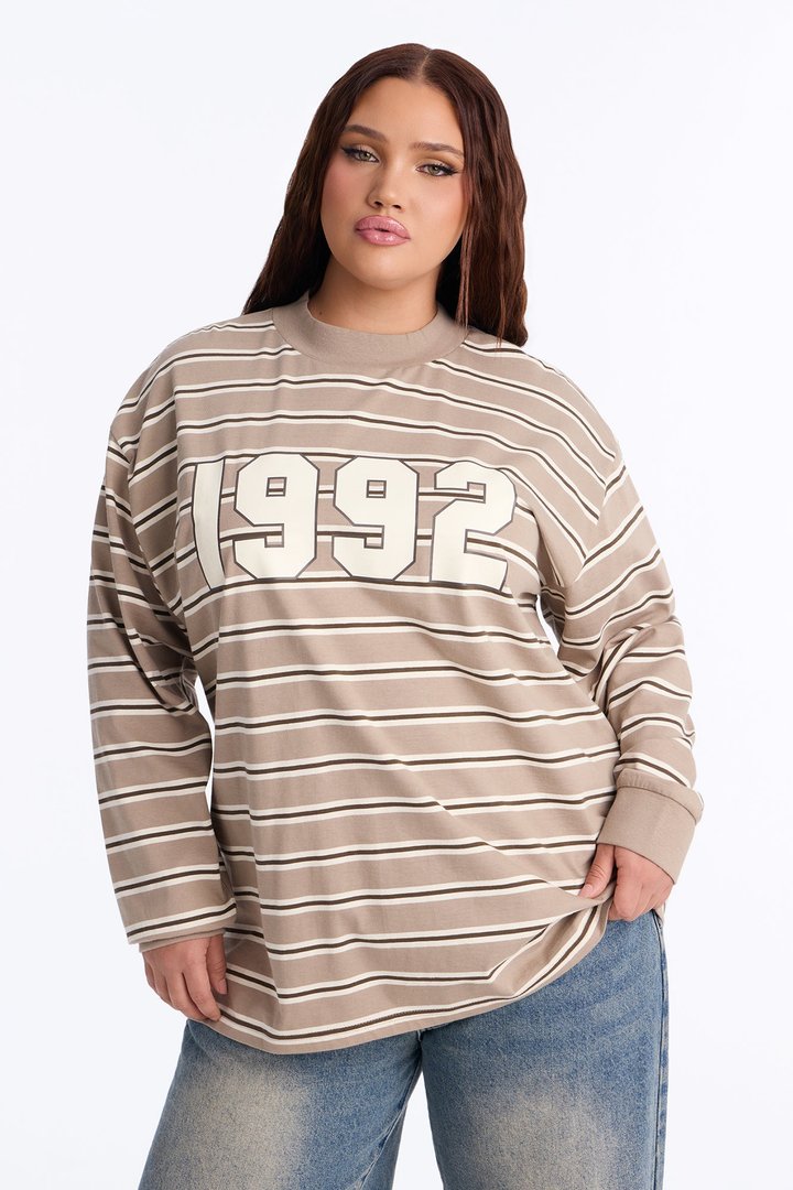 90's Vibe Striped Mock Neck Tee - Sand
