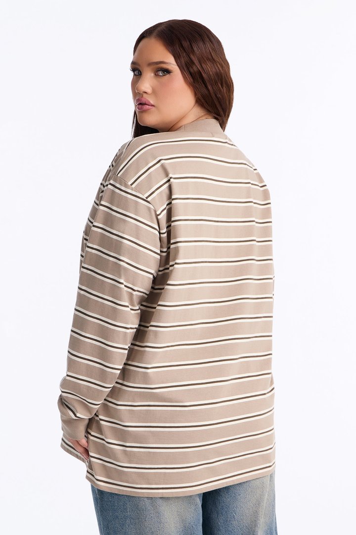 90's Vibe Striped Mock Neck Tee - Sand