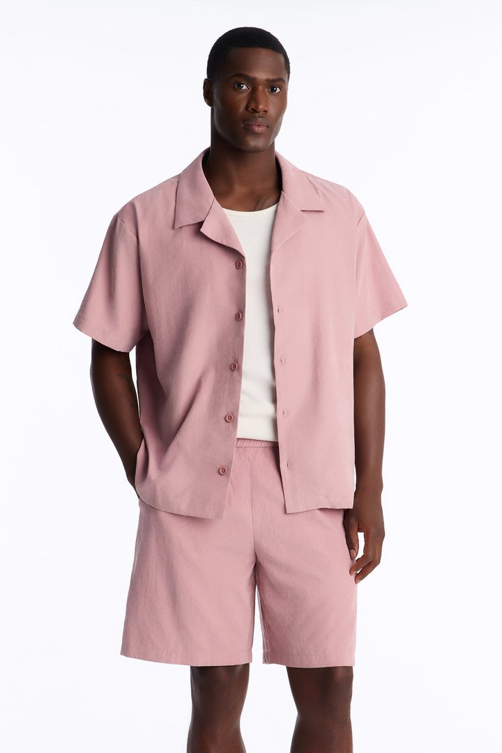 Neo Faux Suede Relaxed Cuban Collar Shirt - Mauve