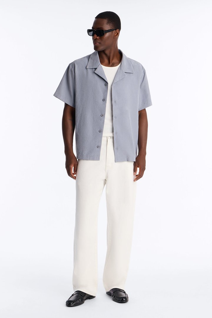 Neo Faux Suede Relaxed Cuban Collar Shirt - Slate Blue