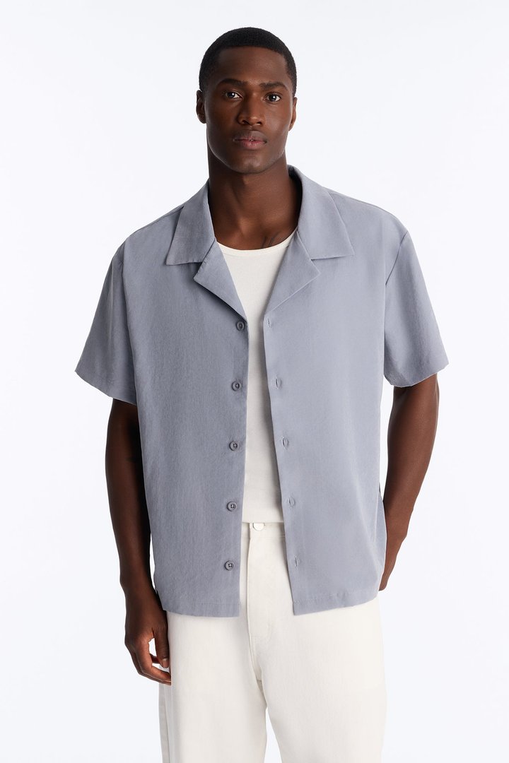 Neo Faux Suede Relaxed Cuban Collar Shirt - Slate Blue
