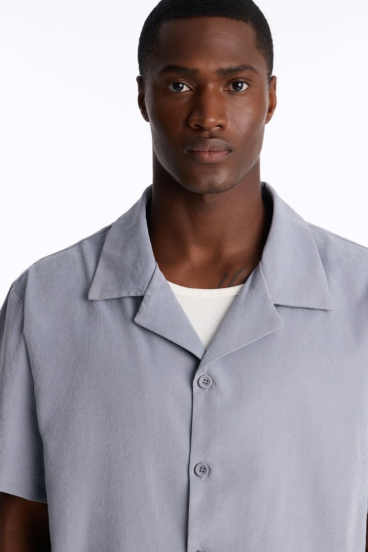 Neo Faux Suede Relaxed Cuban Collar Shirt - Slate Blue