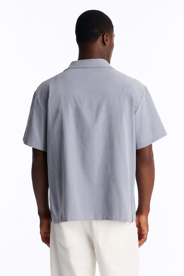 Neo Faux Suede Relaxed Cuban Collar Shirt - Slate Blue