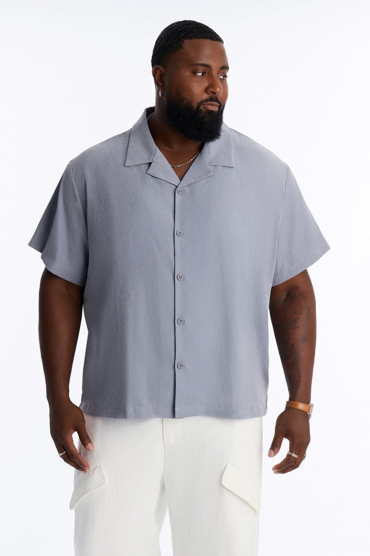 Neo Faux Suede Relaxed Cuban Collar Shirt - Slate Blue