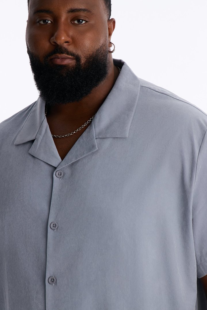 Neo Faux Suede Relaxed Cuban Collar Shirt - Slate Blue