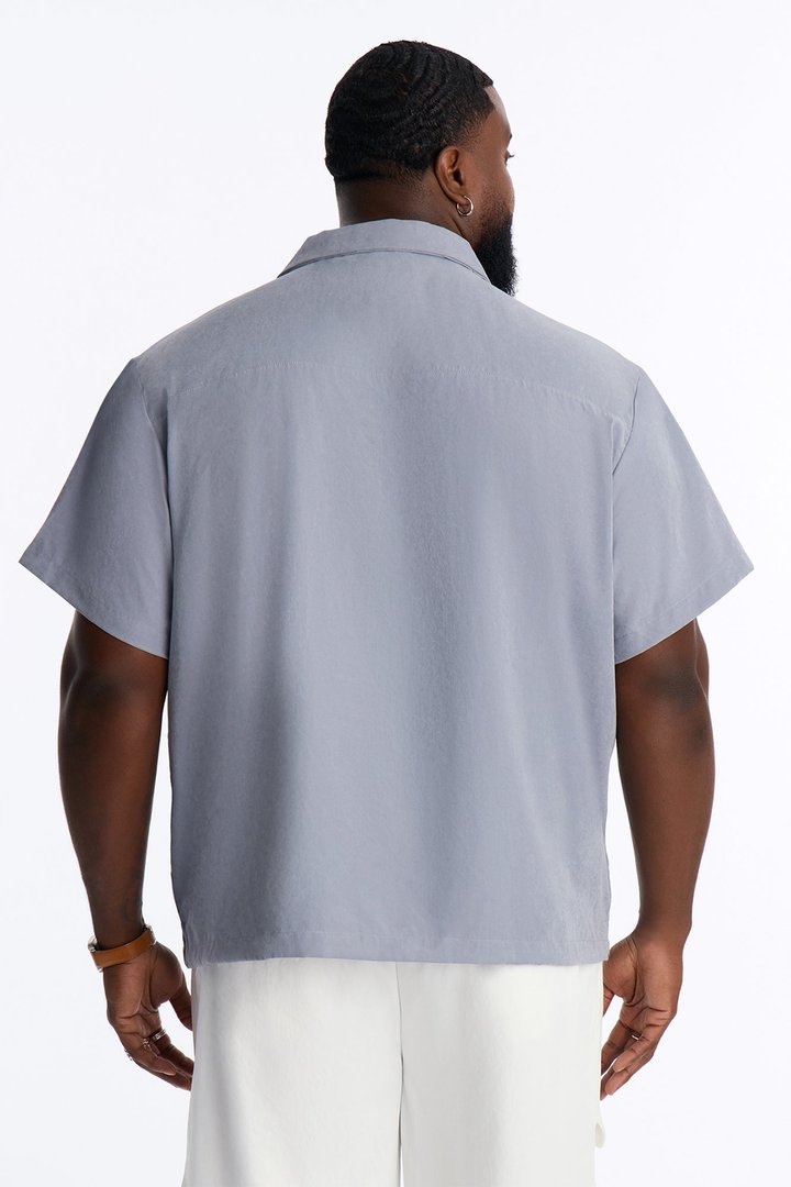Neo Faux Suede Relaxed Cuban Collar Shirt - Slate Blue