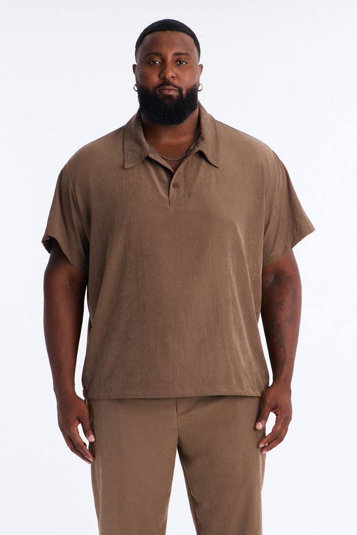 Neo Faux Suede Short Sleeve Polo - Brown